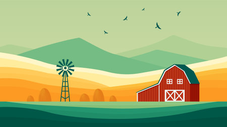 Farm landscape with barn and windmill vector illustration.のイラスト素材
