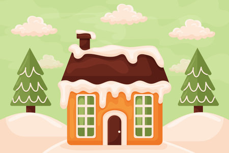 Winter gingerbread house with snow and pine trees flat illustration.のイラスト素材
