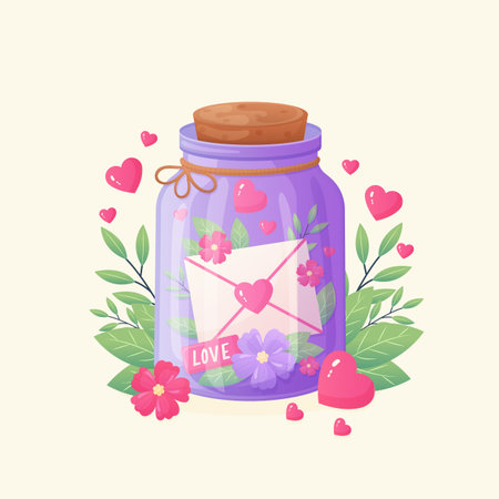 Love Letter in Small Jar Vector Illustration Isolated on White Background.のイラスト素材