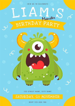 Cute Monster Birthday Party Invitation Card Template Kids Celebration Vector.のイラスト素材