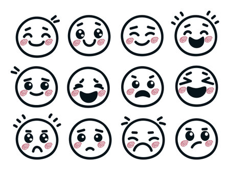 cute hand drawn doodle faces collection with different emotions.のイラスト素材