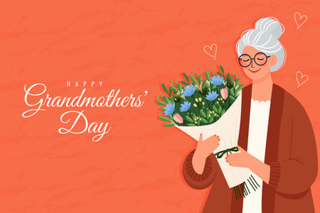 Happy Grandmothers Day Greeting Card Elderly Woman Holding Flower Bouquet.のイラスト素材