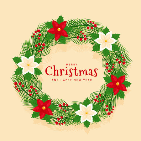 Merry Christmas Wreath Poinsettia Vector Light Beige Background Greeting Card.のイラスト素材