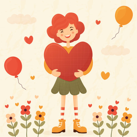Smiling Girl Holding Heart Flowers Balloons Spring Vector Illustration.のイラスト素材