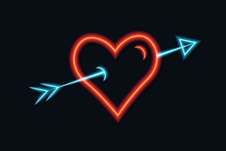 Neon heart with cupid arrow glowing sign on dark background for Valentines Day.のイラスト素材