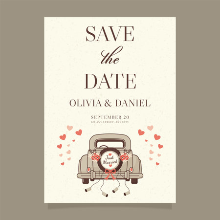 Save the date wedding invitation template with vintage car flowers and hearts decoration.のイラスト素材