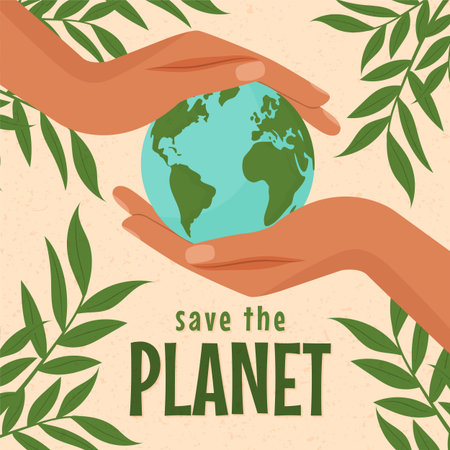 Save the planet ecology poster with hands holding earth globe vector illustration.のイラスト素材