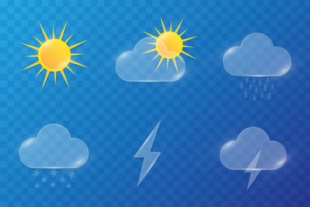 Glassmorphism weather icons set with transparent glossy buttons vector illustration.のイラスト素材
