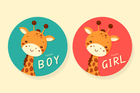 Gender reveal party sticker set with cute giraffe for team boy and team girl vector illustration.のイラスト素材