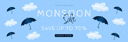Monsoon sale horizontal banner with umbrellas and clouds vector illustration.のイラスト素材