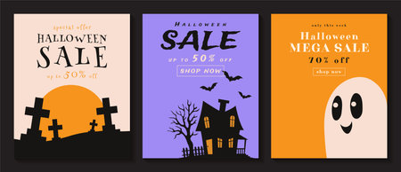 halloween sale posters set  collection vector illustration.