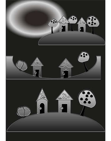 Houses and trees in the hills at night. Abstraction for design, poster design, banners, posters.の写真素材