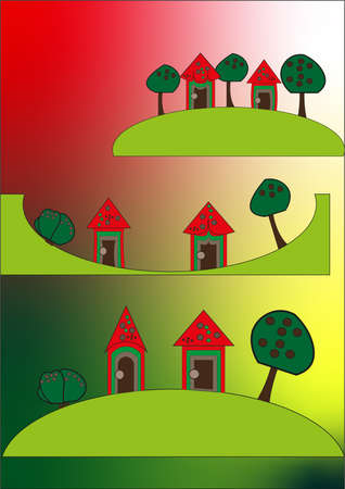 Abstract bright image of houses on green hills for design, design of children's holidays, banners, posters, posters.の写真素材