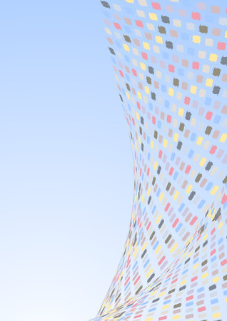 Abstract background with a blue-and-white gradient and multi-colored unusual figures arranged in an arc.の写真素材