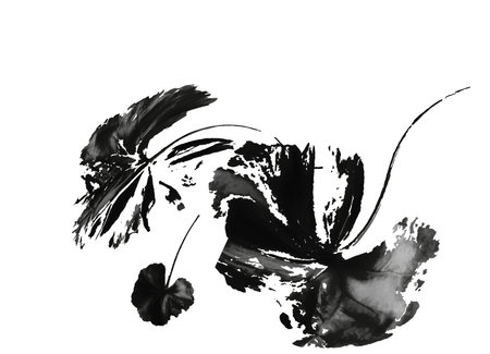 Abstract image of black leaves, made by the author's brush, on a white background.の写真素材