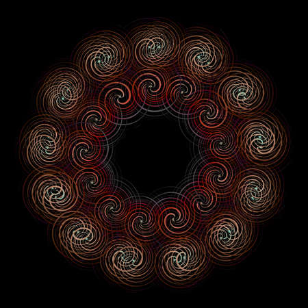Many twisted elements of different colors create a circle on a black background. 3d.