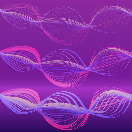Three shapes of twisted lines with different stroke thicknesses on a gradient bright purple...