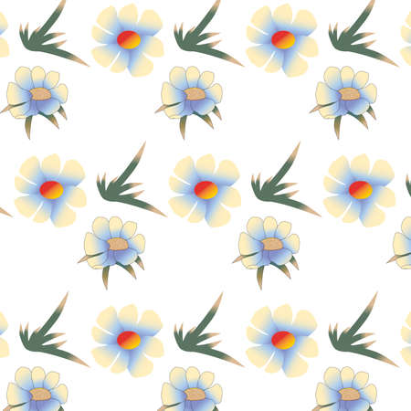 A pattern of abstract colors with yellow-blue petals and green leaves on a white background for...