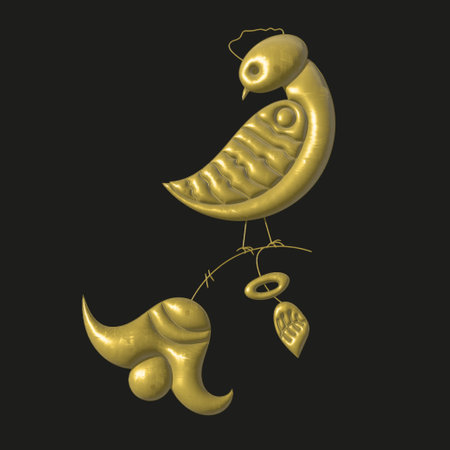 Abstract three-dimensional image of a fabulous golden bird on a flower on a black background.3dの写真素材