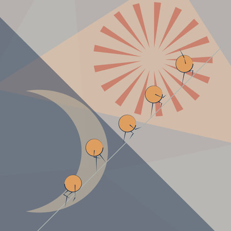 Abstract character against the background of the month and the sun, upward movement.3d.のイラスト素材