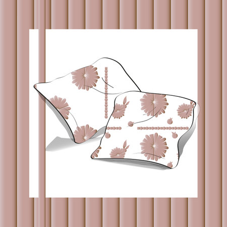 Two patterns of pink flowers and geometric elements on the pillows as samples are arranged on the stylized pillows. For fabrics, presentations, websites.のイラスト素材