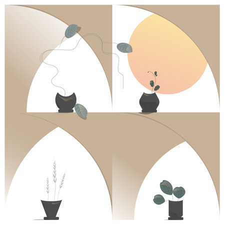 A variety of potted plants against the background of the sun. An abstract image on a white background looks like day, on a dark background like night.のイラスト素材