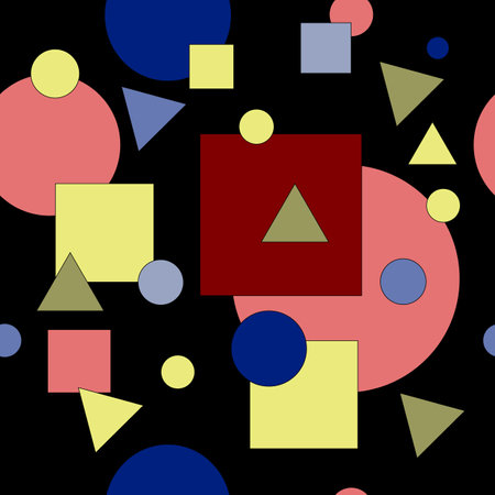 Yellow, pink, blue shapes on a black background create a seamless pattern for textiles, websites.