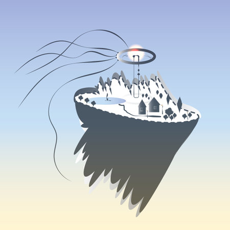 An unusual flying island with houses, trees, a lake, an energy station. The image is in the style of cyberpunk.のイラスト素材