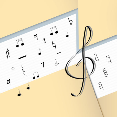 Abstract background of yellowish parts of quadrangles, thin pearlel black lines, on which the signs of musical notation are located.の写真素材