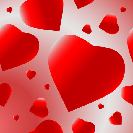 Abstract background in the form of a seamless pattern of red hearts of different sizes on a gradient background.のイラスト素材