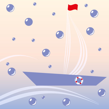 Sailboat, lifebuoy, stylized waves. Abstract drawing for websites, applications, ads.の写真素材