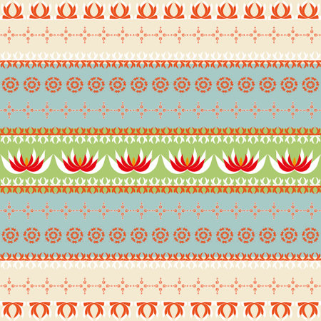 Horizontally arranged author's elements, resembling flowers, on colored dies. For textiles, websites, presentations.の写真素材