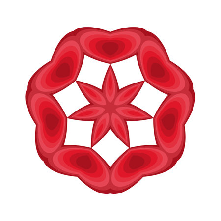 Abstract circular figure of hearts and a seven-pointed star in gradient red tones.のイラスト素材