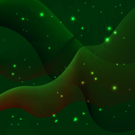 Smooth wavy shapes of thin lines on a green background, glowing small elements. For websites, presentations.の写真素材