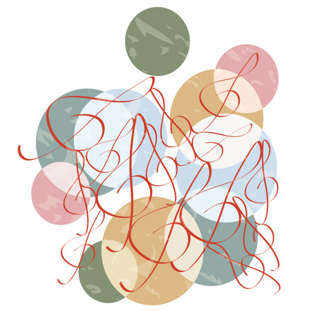 Vector treble clefs, chaotically arranged, against the background of circles of pastel colors with the author's texture doodles.のイラスト素材