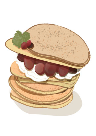 A few pancakes with cream and grapes.のイラスト素材
