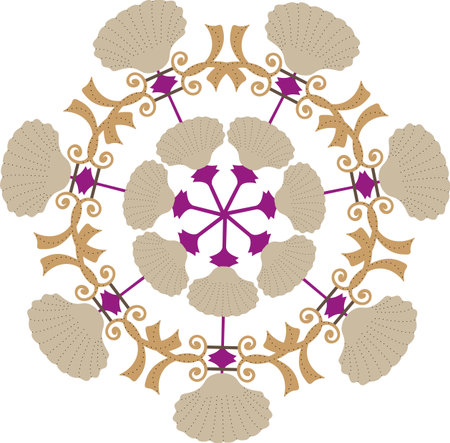 A circular pattern with shells and geometric shapes, reminiscent of Byzantine paintings, for textiles, websites, presentations.のイラスト素材
