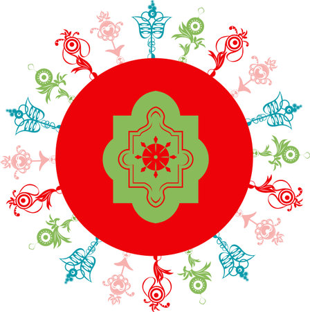 A red circle, around which there are openwork colored forms of abstract ethnic elements, reminiscent of ancient Russian painting, for printing on clothes, textiles, websites, presentations.のイラスト素材