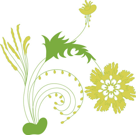 Stylized vector flower with leaves in a green palette, reminiscent of Old Russian painting, for printing on clothes, textiles, websites, presentations.のイラスト素材