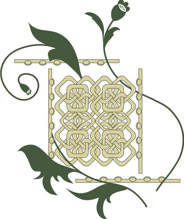 Hand-painted stylized leaves and flowers in green frame the intertwined shapes.のイラスト素材