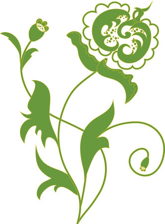 Hand-drawn stylized leaves and a flower in green with a yellow outline.のイラスト素材