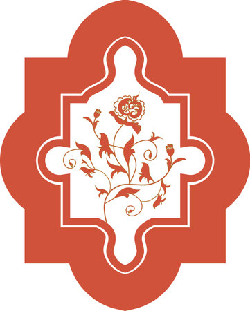Hand-painted stylized leaves, flowers are in a geometric frame of a red-brown tone.のイラスト素材