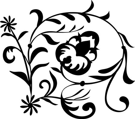 Black silhouettes of smoothly curved leaves, twigs, flowers of different sizes.のイラスト素材