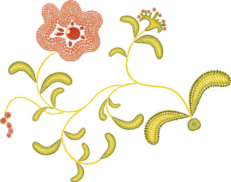 Vector leaves and flower are made of many dots of green, pink tones with gradients.のイラスト素材