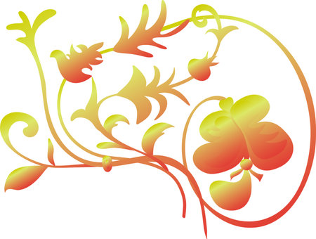 Flower with leaves, hand-drawn, with yellow-orange gradient for printing on clothes, postcards, invitations, websites.のイラスト素材