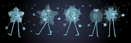 Dark background with sparkling elements and walking snowflakes.