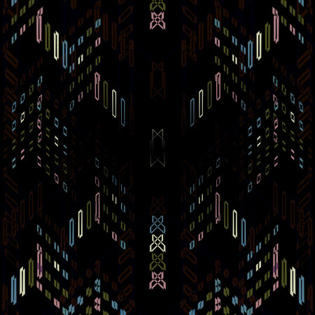 On a dark background, there are diagonals, glowing, green, pink, blue, geometric shapes in the form of rectangles.の写真素材