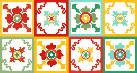 Bright rectangles of yellow, red, green tones with unusual plant elements inside them.のイラスト素材