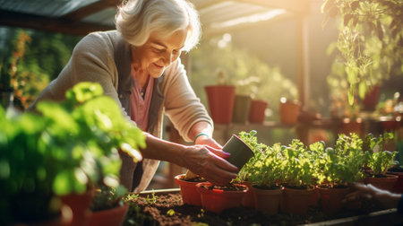 Elderly woman working in her garden, taking care of plantsの素材