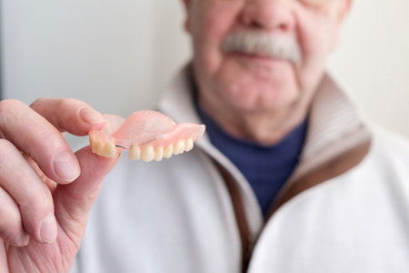 An elderly man holds a denture in his hands.の写真素材